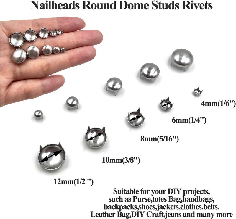 honigo 150pcs Nailheads Round Dome Studs Rivets Silver Metal Solid Brass 4/6/8/10/12mm 4 Prongs Spikes Spots for Leather Craft Clothes Belt Bag Shoes Decorations Totes DIY Craft - Image 2